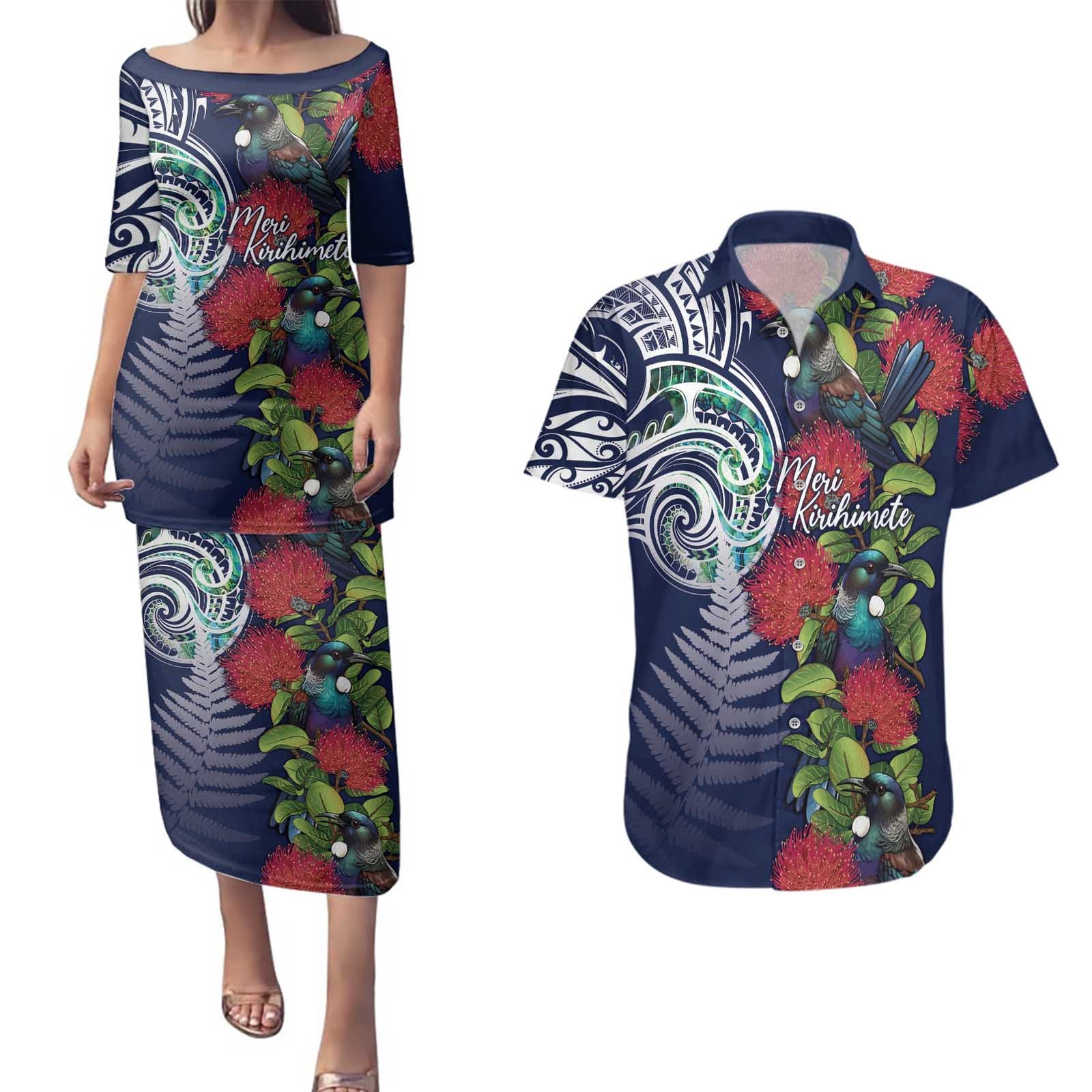 Meri Kirihimete New Zealand Couples Matching Puletasi and Hawaiian Shirt Tui on Pohutukawa - Blue Ver