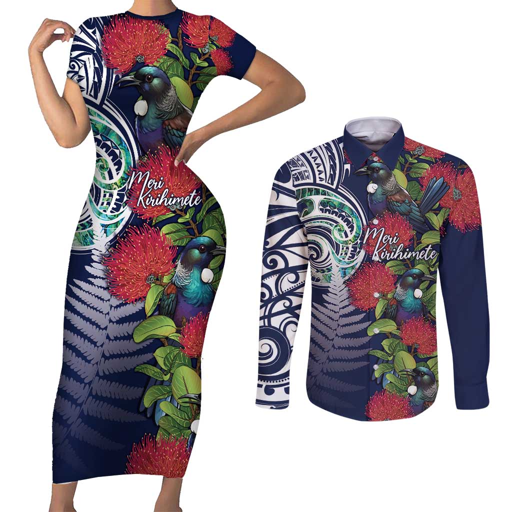 Meri Kirihimete New Zealand Couples Matching Short Sleeve Bodycon Dress and Long Sleeve Button Shirt Tui on Pohutukawa - Blue Ver