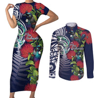Meri Kirihimete New Zealand Couples Matching Short Sleeve Bodycon Dress and Long Sleeve Button Shirt Tui on Pohutukawa - Blue Ver
