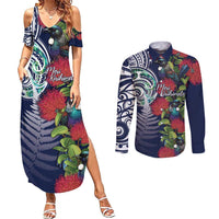 Meri Kirihimete New Zealand Couples Matching Summer Maxi Dress and Long Sleeve Button Shirt Tui on Pohutukawa - Blue Ver