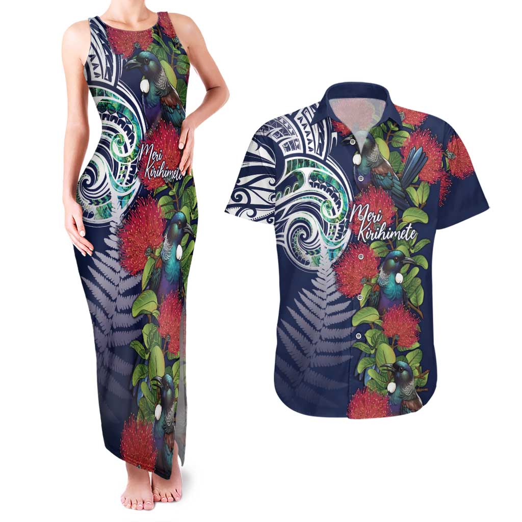 Meri Kirihimete New Zealand Couples Matching Tank Maxi Dress and Hawaiian Shirt Tui on Pohutukawa - Blue Ver