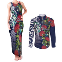 Meri Kirihimete New Zealand Couples Matching Tank Maxi Dress and Long Sleeve Button Shirt Tui on Pohutukawa - Blue Ver