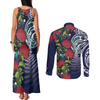 Meri Kirihimete New Zealand Couples Matching Tank Maxi Dress and Long Sleeve Button Shirt Tui on Pohutukawa - Blue Ver