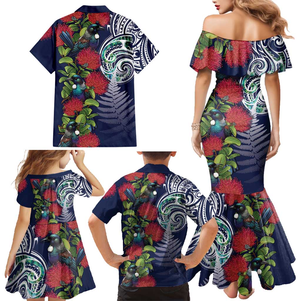 Meri Kirihimete New Zealand Family Matching Mermaid Dress and Hawaiian Shirt Tui on Pohutukawa - Blue Ver LT7 - Polynesian Pride