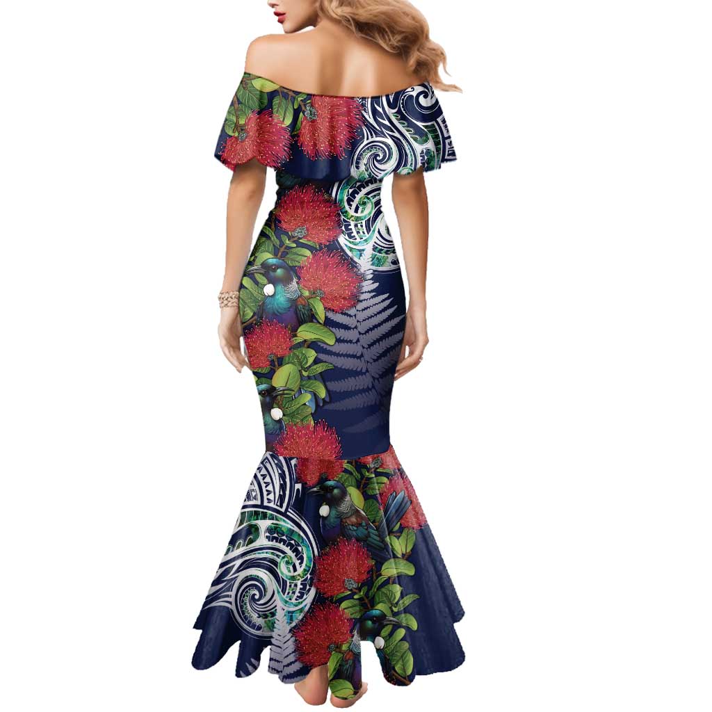 Meri Kirihimete New Zealand Family Matching Mermaid Dress and Hawaiian Shirt Tui on Pohutukawa - Blue Ver LT7 - Polynesian Pride