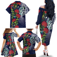 Meri Kirihimete New Zealand Family Matching Off The Shoulder Long Sleeve Dress and Hawaiian Shirt Tui on Pohutukawa - Blue Ver