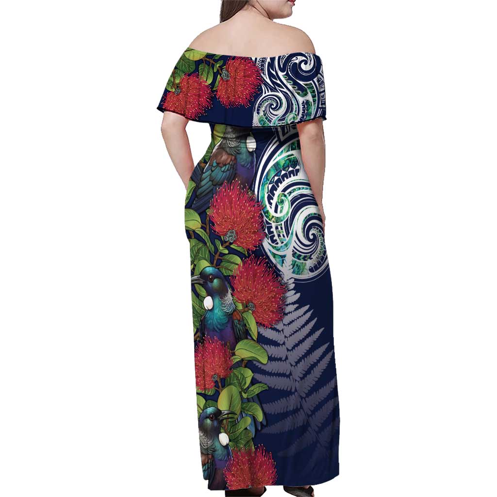 Meri Kirihimete New Zealand Family Matching Off Shoulder Maxi Dress and Hawaiian Shirt Tui on Pohutukawa - Blue Ver LT7 - Polynesian Pride