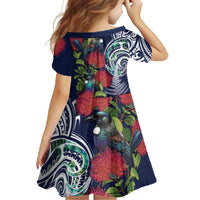 Meri Kirihimete New Zealand Family Matching Short Sleeve Bodycon Dress and Hawaiian Shirt Tui on Pohutukawa - Blue Ver LT7 - Polynesian Pride