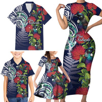 Meri Kirihimete New Zealand Family Matching Short Sleeve Bodycon Dress and Hawaiian Shirt Tui on Pohutukawa - Blue Ver LT7 - Polynesian Pride