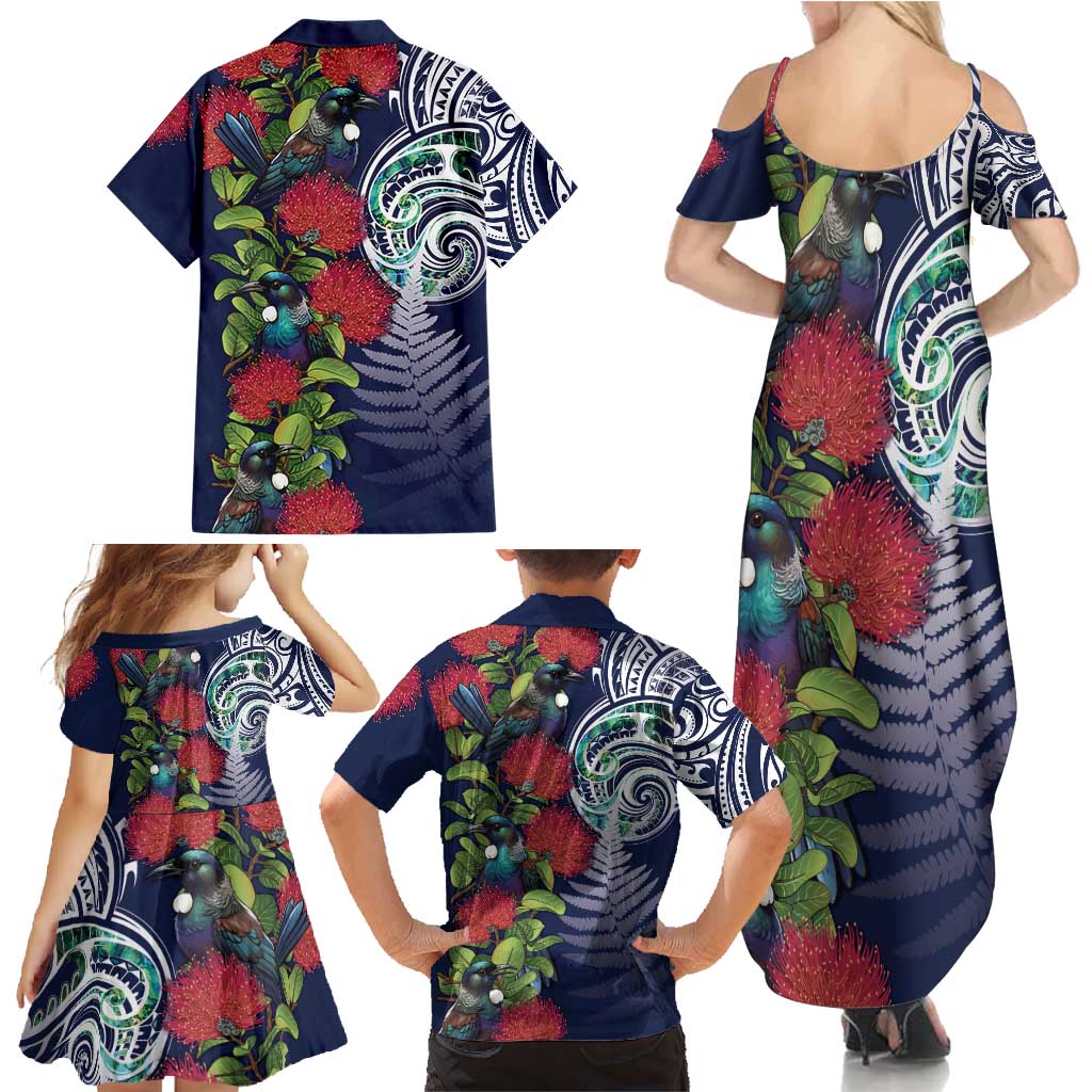 Meri Kirihimete New Zealand Family Matching Summer Maxi Dress and Hawaiian Shirt Tui on Pohutukawa - Blue Ver LT7 - Polynesian Pride