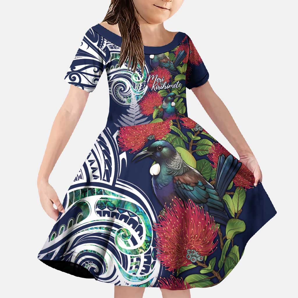 Meri Kirihimete New Zealand Family Matching Tank Maxi Dress and Hawaiian Shirt Tui on Pohutukawa - Blue Ver LT7 Daughter's Dress Blue - Polynesian Pride