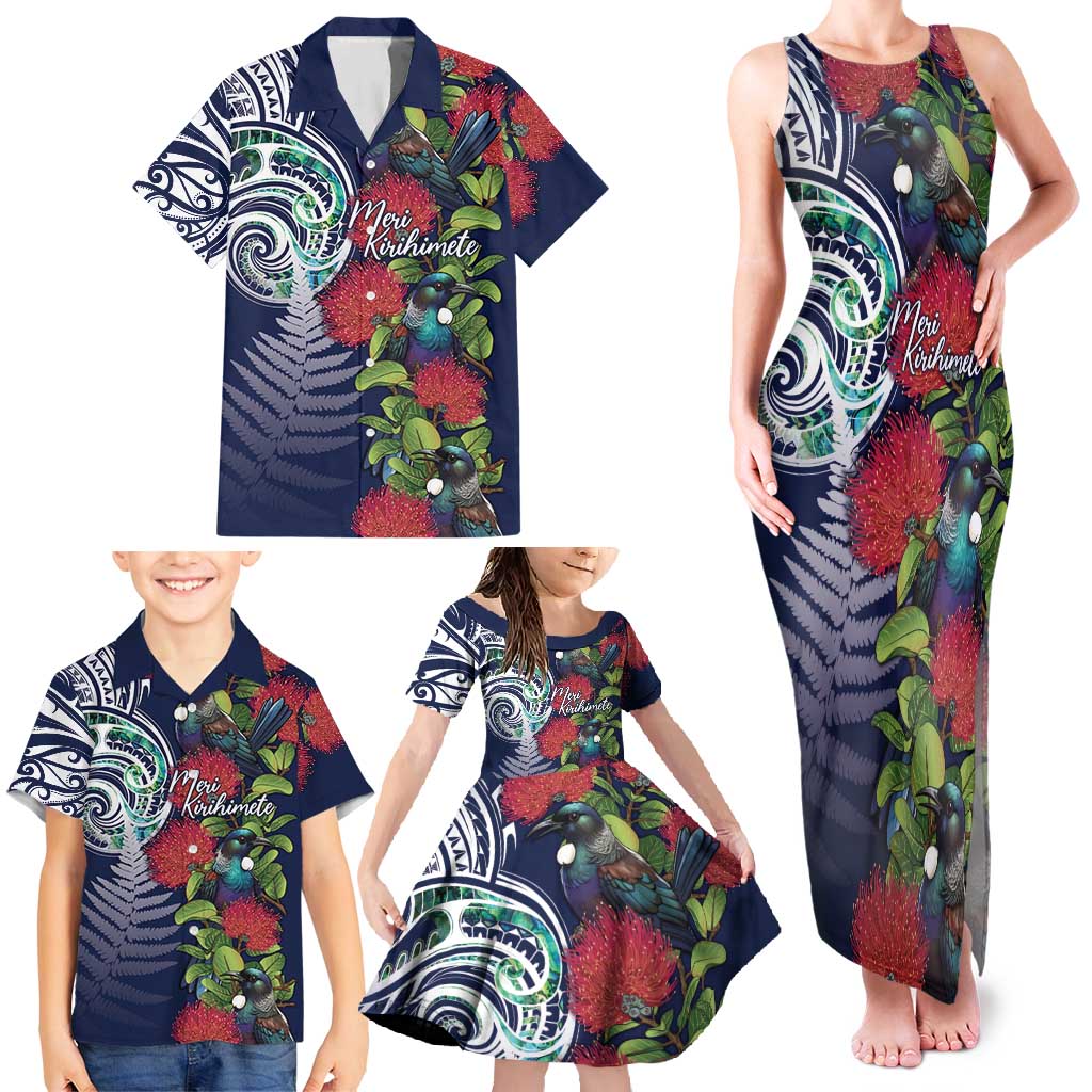 Meri Kirihimete New Zealand Family Matching Tank Maxi Dress and Hawaiian Shirt Tui on Pohutukawa - Blue Ver LT7 - Polynesian Pride
