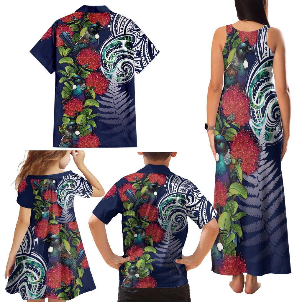 Meri Kirihimete New Zealand Family Matching Tank Maxi Dress and Hawaiian Shirt Tui on Pohutukawa - Blue Ver LT7 - Polynesian Pride