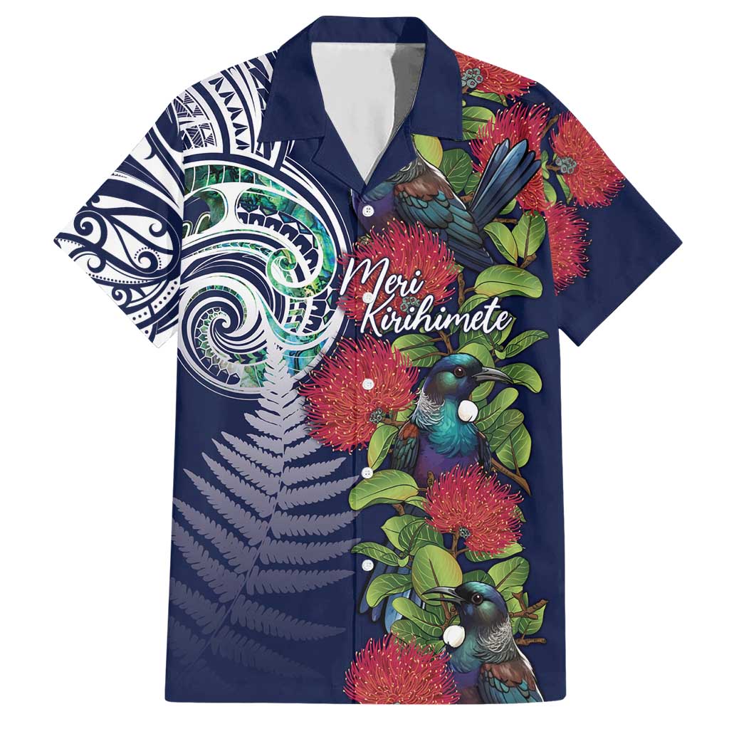 Meri Kirihimete New Zealand Hawaiian Shirt Tui on Pohutukawa - Blue Ver