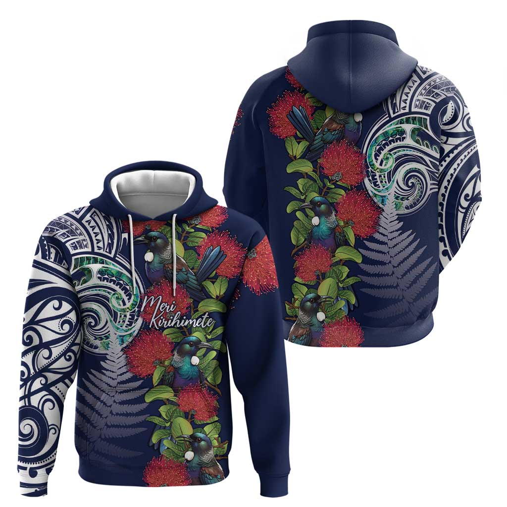 Meri Kirihimete New Zealand Hoodie Tui on Pohutukawa - Blue Ver