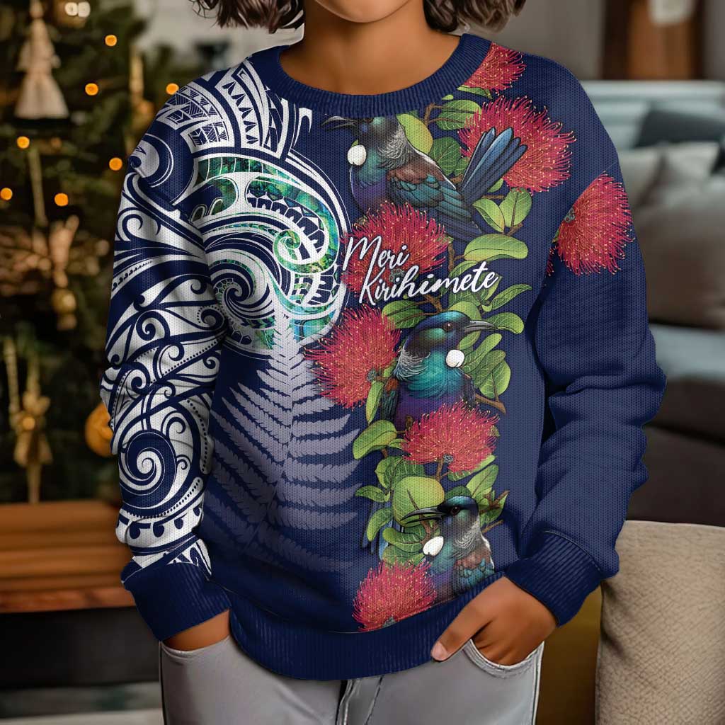 Meri Kirihimete New Zealand Kid Ugly Christmas Sweater Tui on Pohutukawa - Blue Ver LT7 - Polynesian Pride