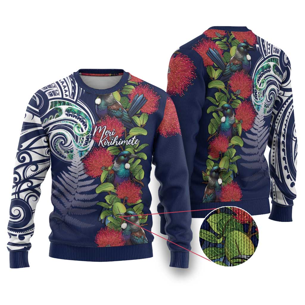 Meri Kirihimete New Zealand Ugly Christmas Sweater Tui on Pohutukawa - Blue Ver