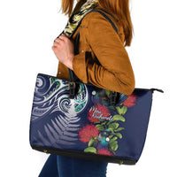 Meri Kirihimete New Zealand Leather Tote Bag Tui on Pohutukawa - Blue Ver LT7 Blue - Polynesian Pride