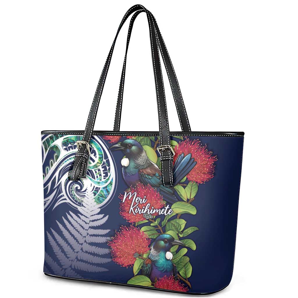 Meri Kirihimete New Zealand Leather Tote Bag Tui on Pohutukawa - Blue Ver LT7 - Polynesian Pride