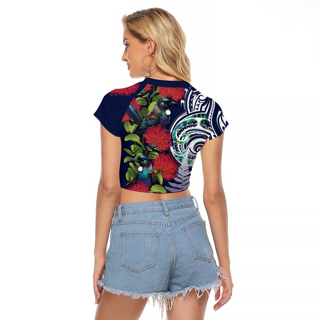 Meri Kirihimete New Zealand Raglan Cropped T Shirt Tui on Pohutukawa - Blue Ver LT7 - Polynesian Pride