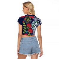 Meri Kirihimete New Zealand Raglan Cropped T Shirt Tui on Pohutukawa - Blue Ver LT7 - Polynesian Pride