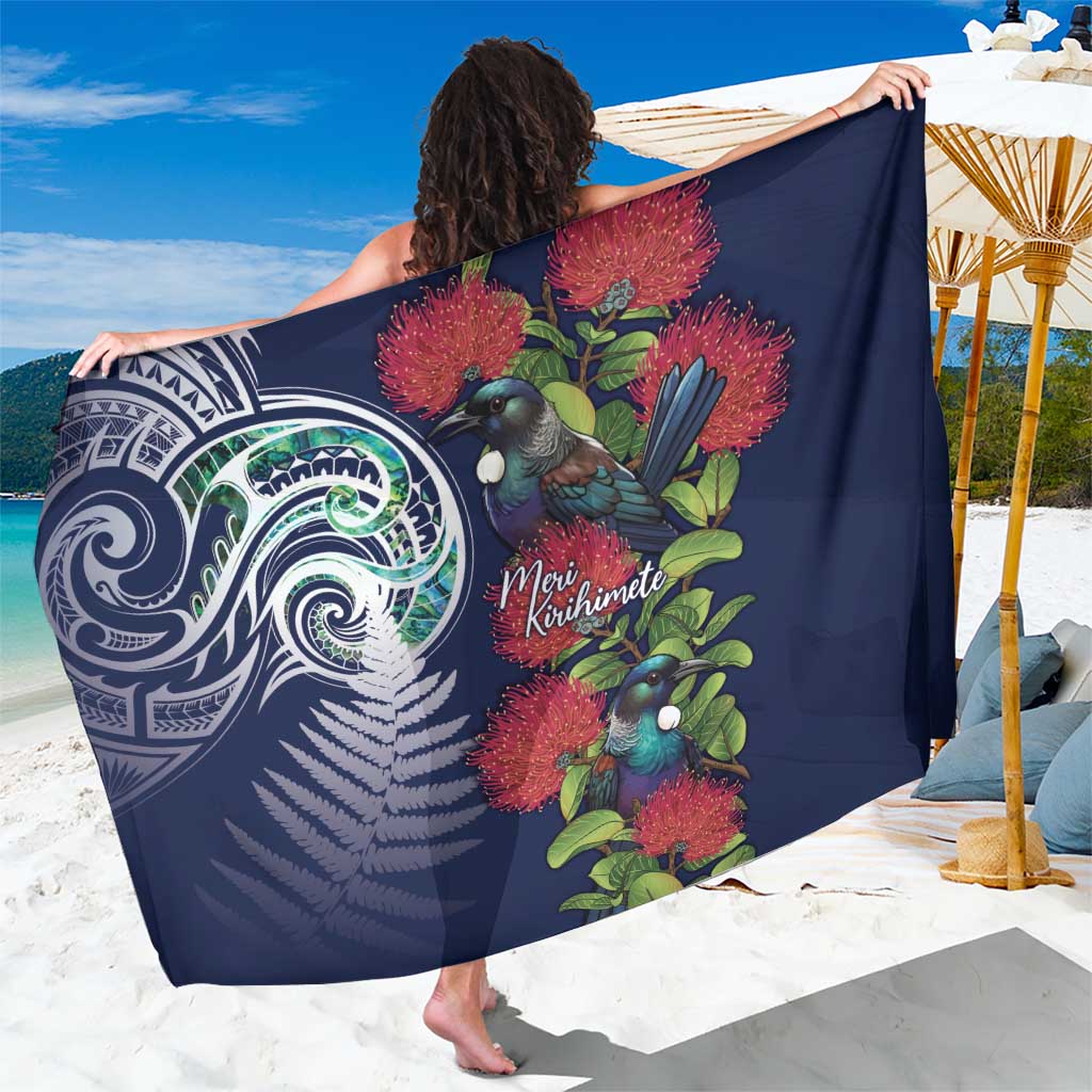 Meri Kirihimete New Zealand Sarong Tui on Pohutukawa - Blue Ver