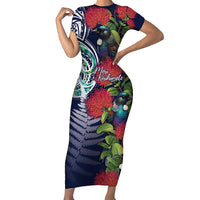 Meri Kirihimete New Zealand Short Sleeve Bodycon Dress Tui on Pohutukawa - Blue Ver LT7 Long Dress Blue - Polynesian Pride