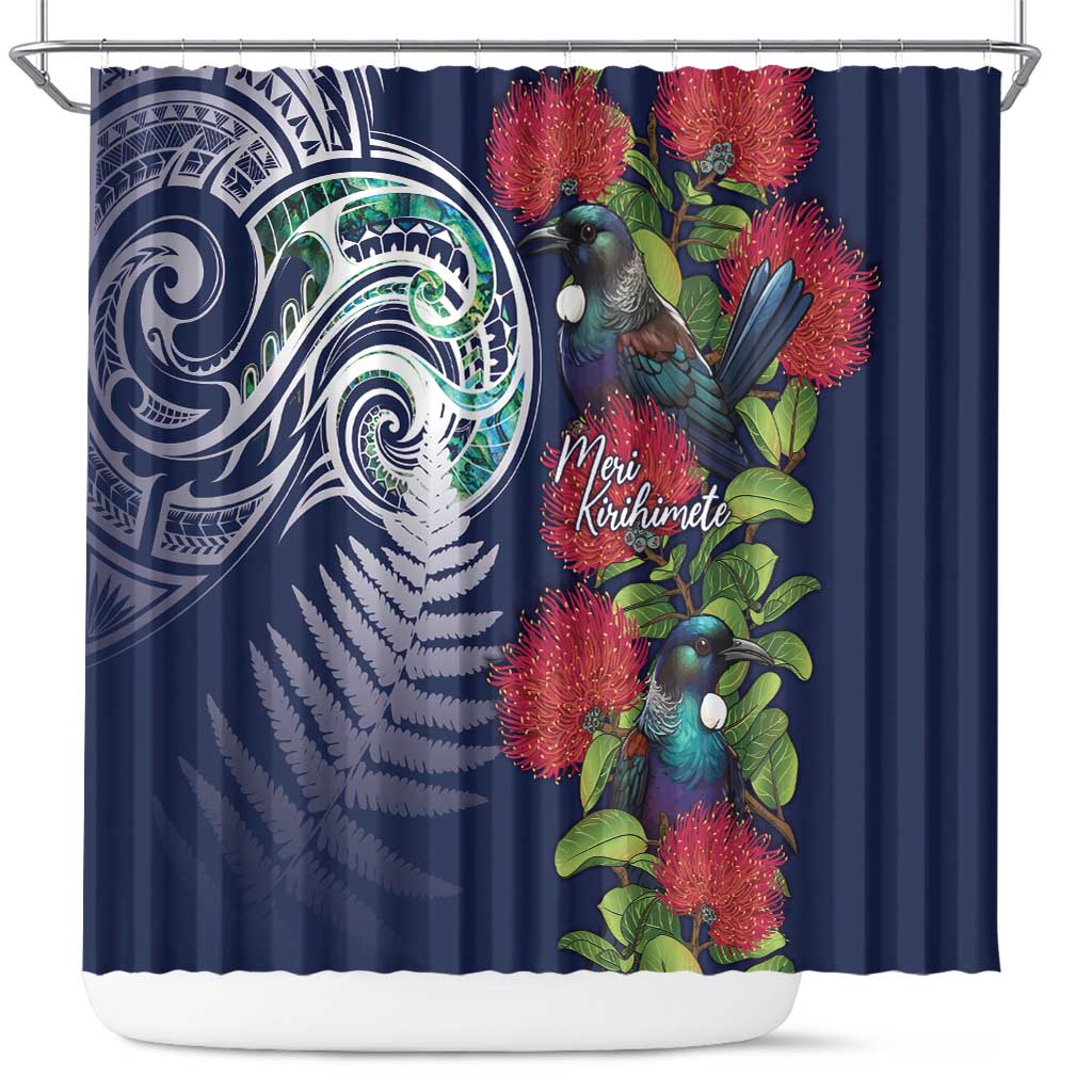 Meri Kirihimete New Zealand Shower Curtain Tui on Pohutukawa - Blue Ver