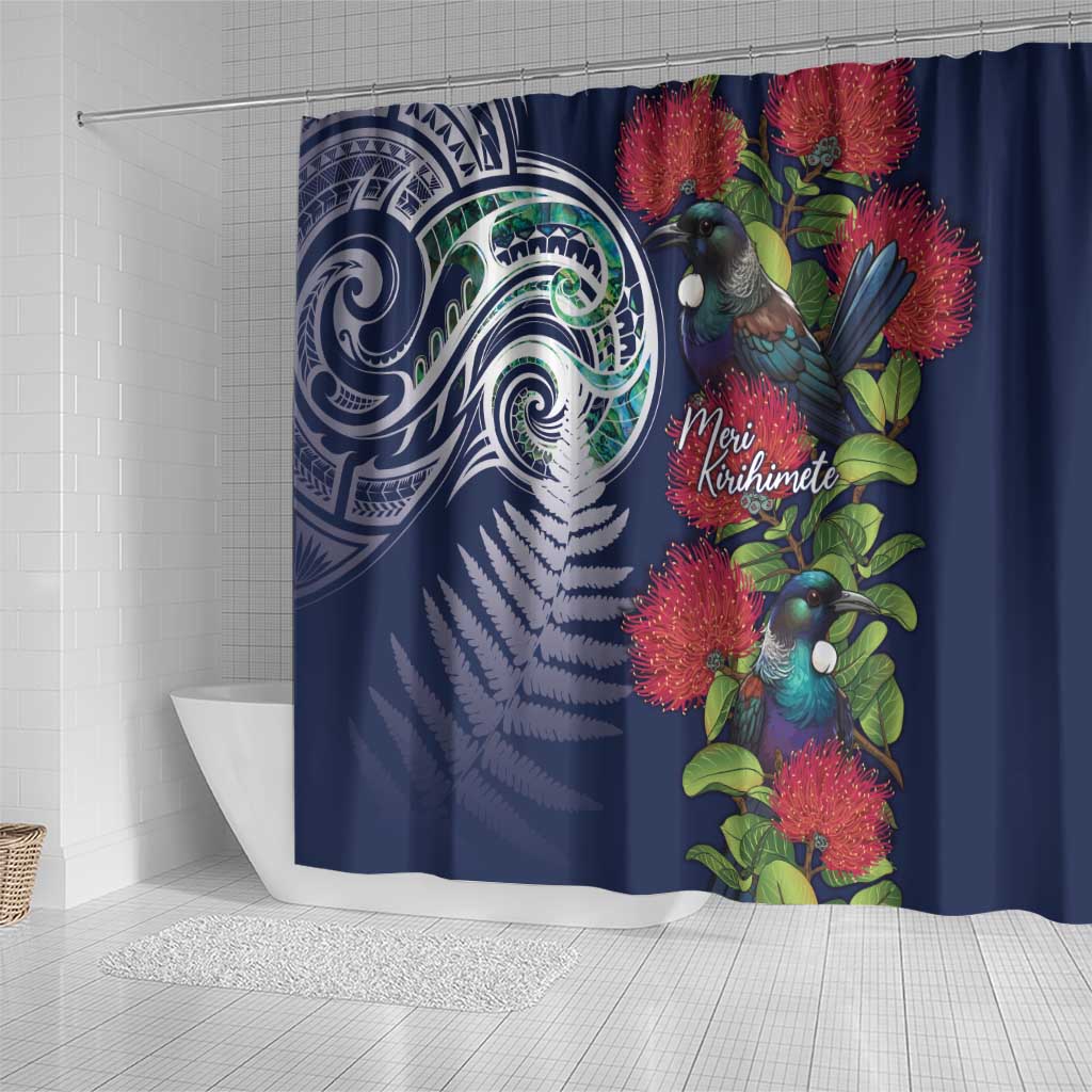 Meri Kirihimete New Zealand Shower Curtain Tui on Pohutukawa - Blue Ver LT7 - Polynesian Pride
