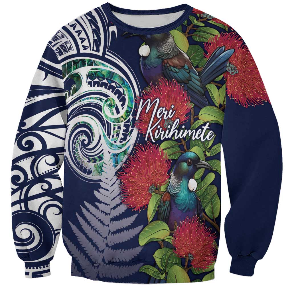 Meri Kirihimete New Zealand Sweatshirt Tui on Pohutukawa - Blue Ver LT7 Unisex Blue - Polynesian Pride
