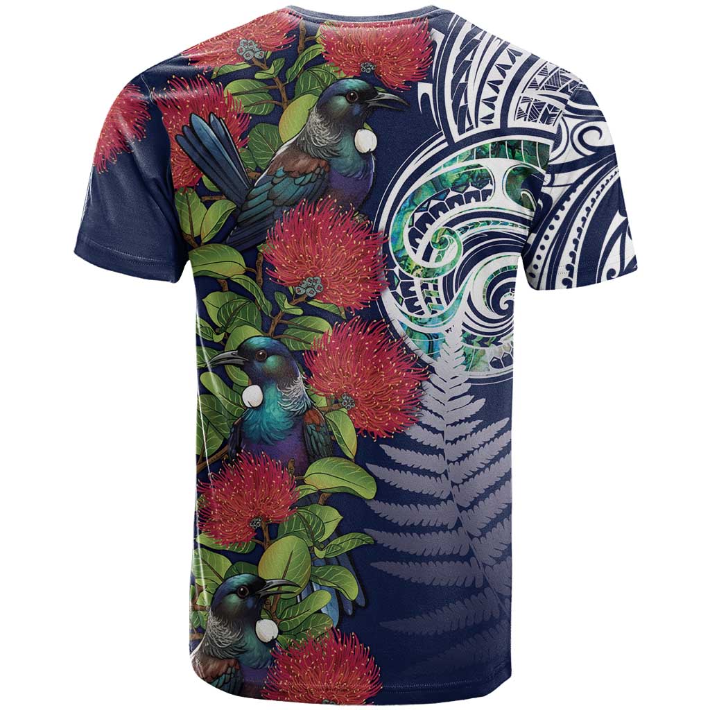 Meri Kirihimete New Zealand T Shirt Tui on Pohutukawa - Blue Ver LT7 - Polynesian Pride