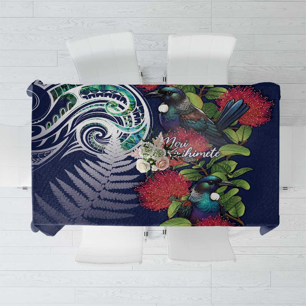 Meri Kirihimete New Zealand Tablecloth Tui on Pohutukawa - Blue Ver LT7 Blue - Polynesian Pride