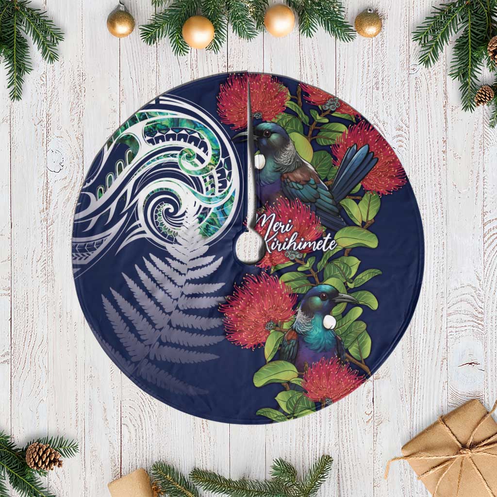 Meri Kirihimete New Zealand Tree Skirt Tui on Pohutukawa - Blue Ver LT7 Casual Blue - Polynesian Pride