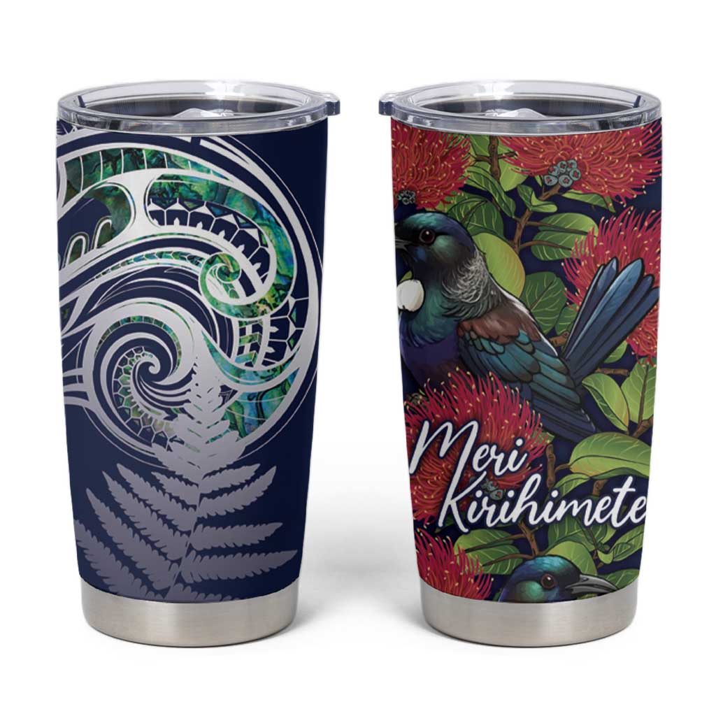 Meri Kirihimete New Zealand Tumbler Cup Tui on Pohutukawa - Blue Ver