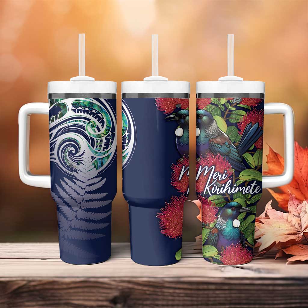 Meri Kirihimete New Zealand Tumbler With Handle Tui on Pohutukawa - Blue Ver LT7 - Polynesian Pride