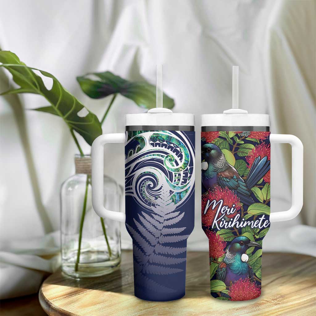 Meri Kirihimete New Zealand Tumbler With Handle Tui on Pohutukawa - Blue Ver LT7 - Polynesian Pride