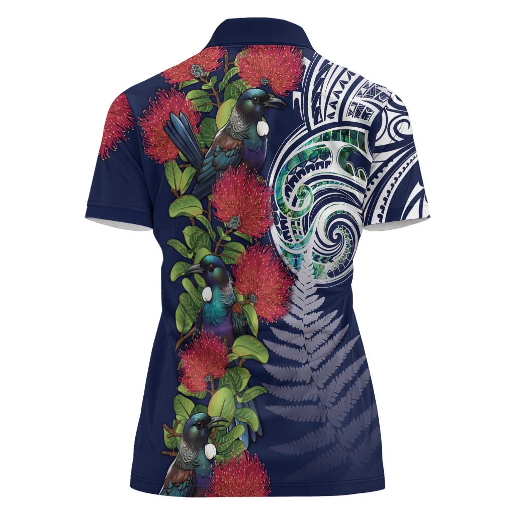 Meri Kirihimete New Zealand Women Polo Shirt Tui on Pohutukawa - Blue Ver