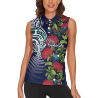 Meri Kirihimete New Zealand Women Sleeveless Polo Shirt Tui on Pohutukawa - Blue Ver LT7 - Polynesian Pride