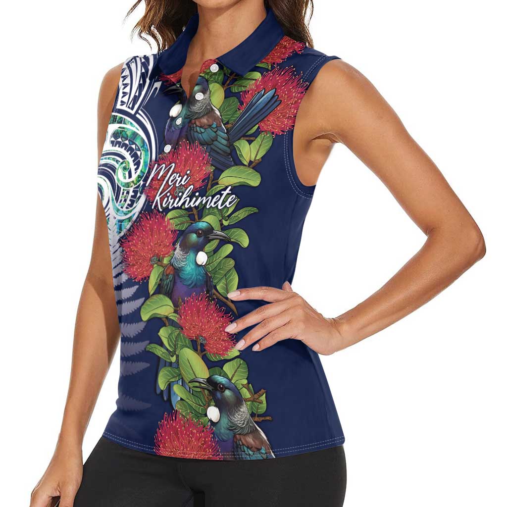 Meri Kirihimete New Zealand Women Sleeveless Polo Shirt Tui on Pohutukawa - Blue Ver LT7 - Polynesian Pride