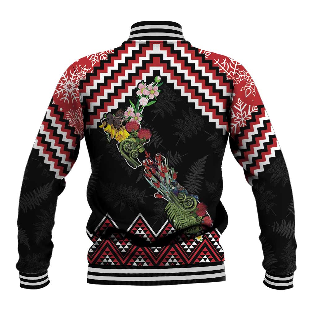 New Zealand Christmas Taniko Poutama Baseball Jacket Flora Map with Birds - Polynesian Pride