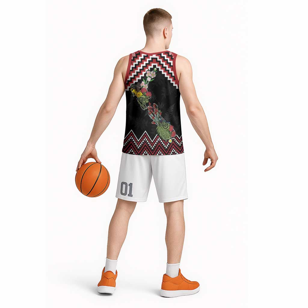 New Zealand Christmas Taniko Poutama Basketball Jersey Flora Map with Birds - Polynesian Pride