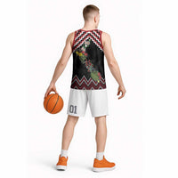 New Zealand Christmas Taniko Poutama Basketball Jersey Flora Map with Birds - Polynesian Pride