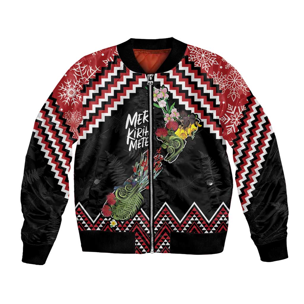 New Zealand Christmas Taniko Poutama Bomber Jacket Flora Map with Birds - Polynesian Pride