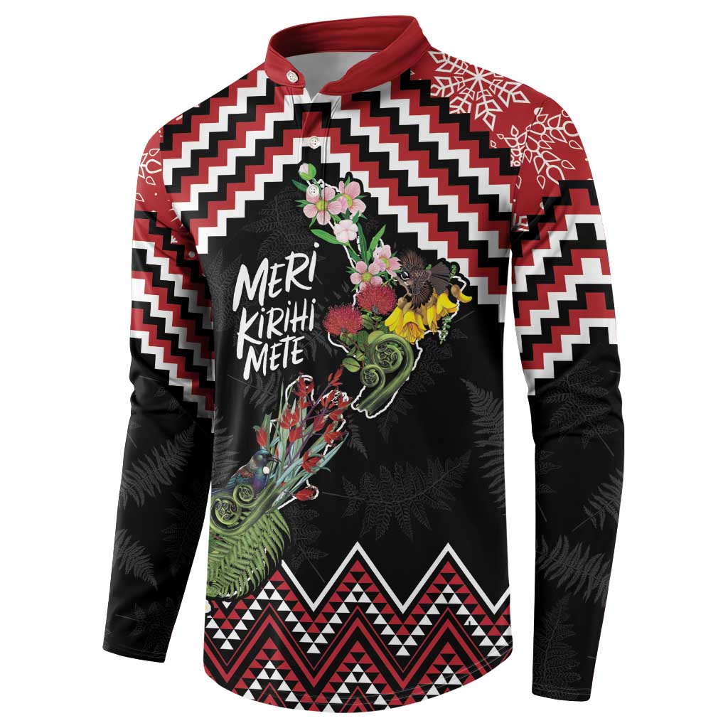 New Zealand Christmas Taniko Poutama Button Sweatshirt Flora Map with Birds - Polynesian Pride