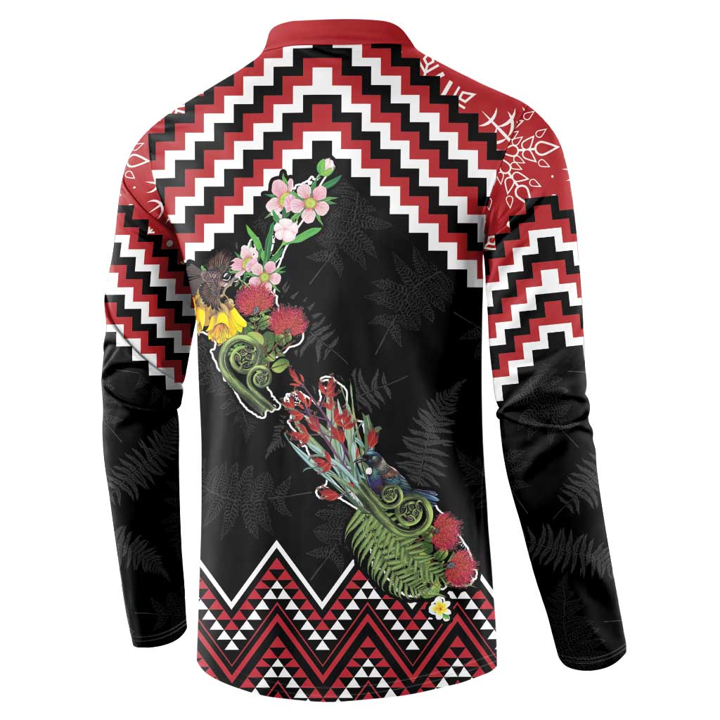 New Zealand Christmas Taniko Poutama Button Sweatshirt Flora Map with Birds - Polynesian Pride