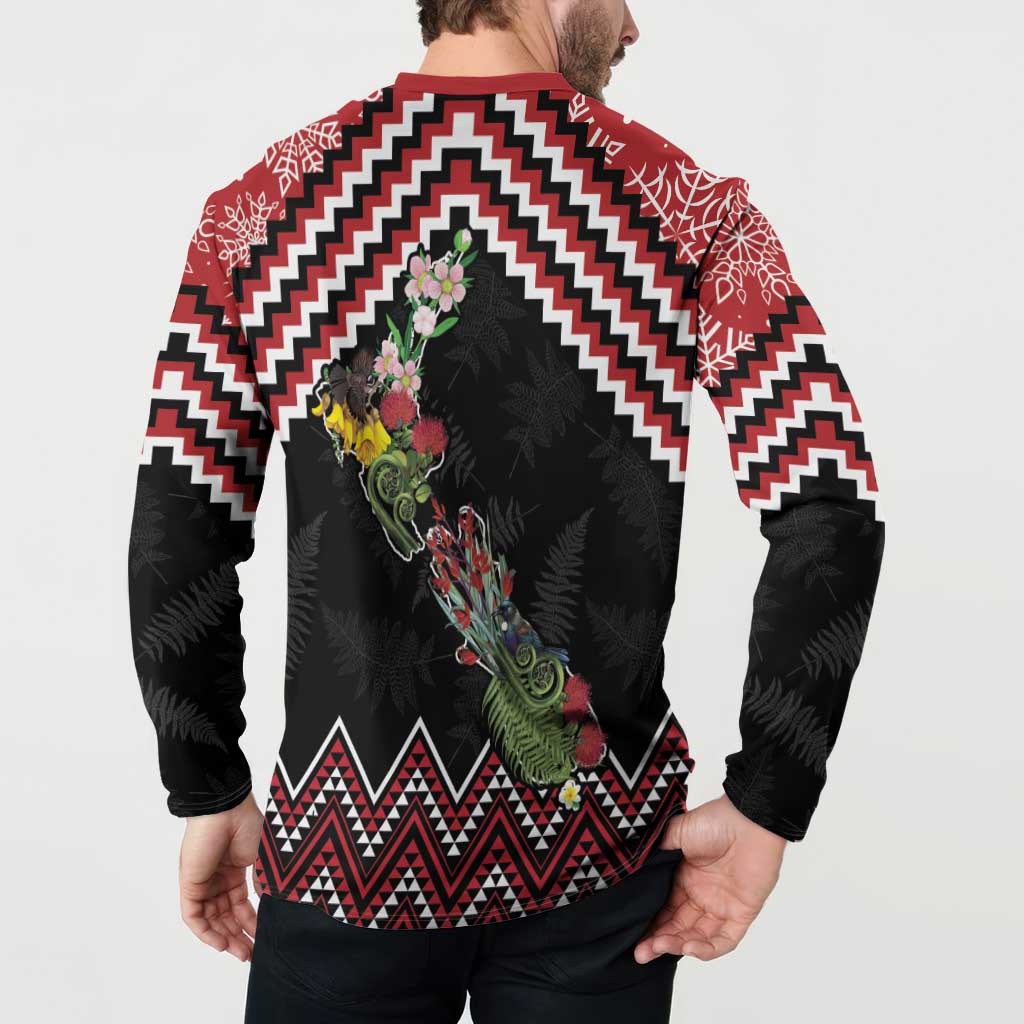 New Zealand Christmas Taniko Poutama Button Sweatshirt Flora Map with Birds - Polynesian Pride