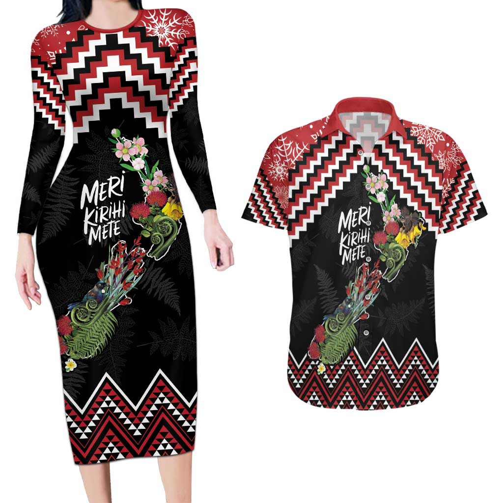 New Zealand Christmas Taniko Poutama Couples Matching Long Sleeve Bodycon Dress and Hawaiian Shirt Flora Map with Birds - Polynesian Pride