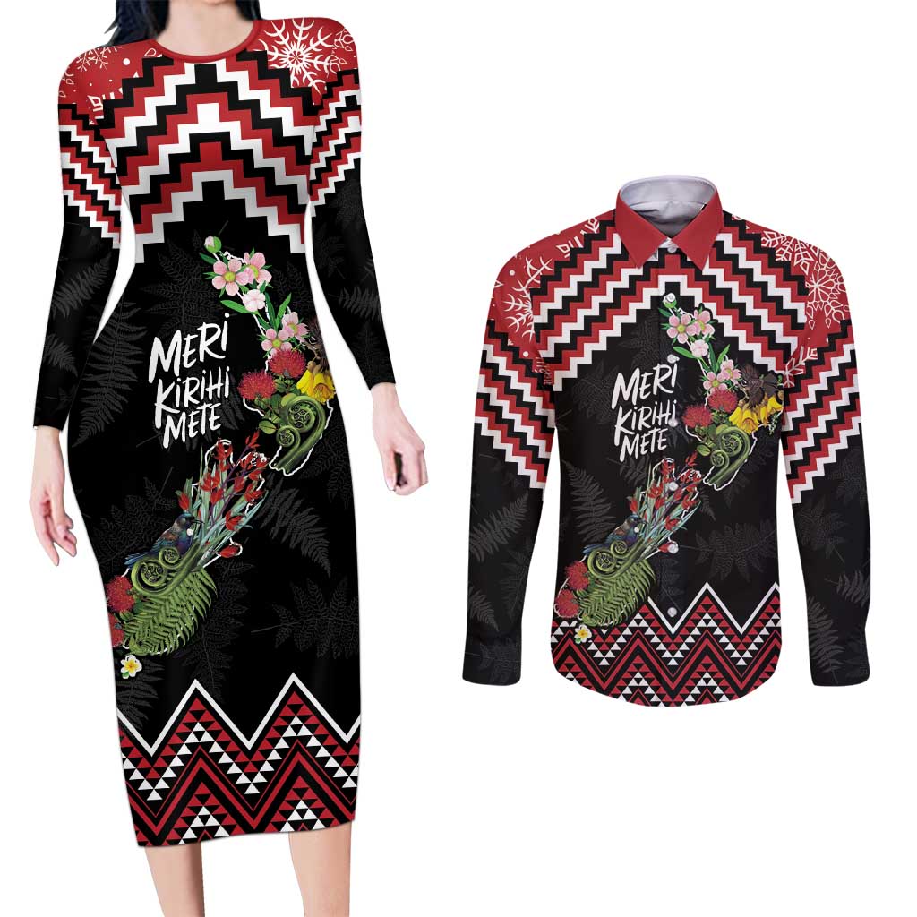 New Zealand Christmas Taniko Poutama Couples Matching Long Sleeve Bodycon Dress and Long Sleeve Button Shirt Flora Map with Birds - Polynesian Pride