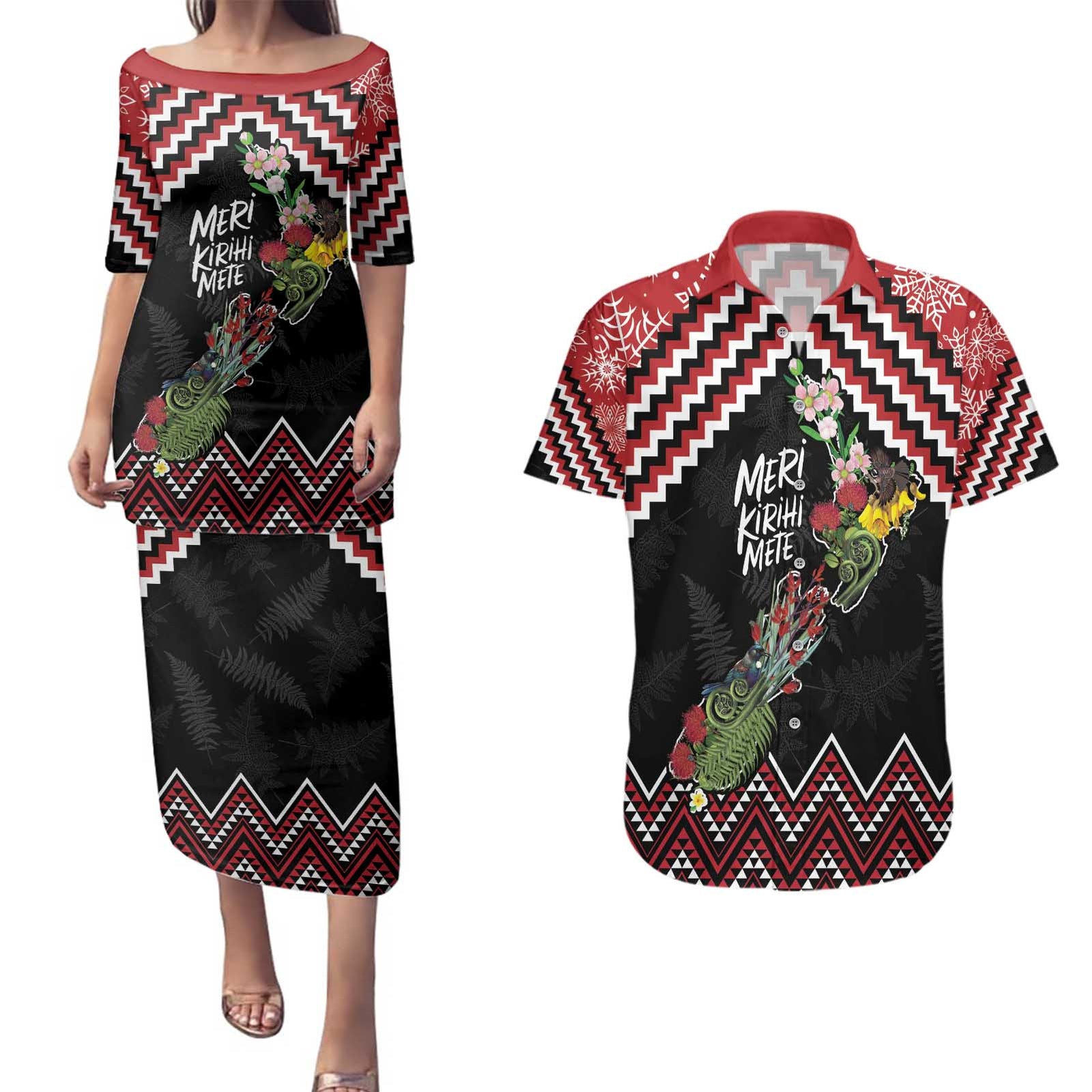 New Zealand Christmas Taniko Poutama Couples Matching Puletasi and Hawaiian Shirt Flora Map with Birds - Polynesian Pride