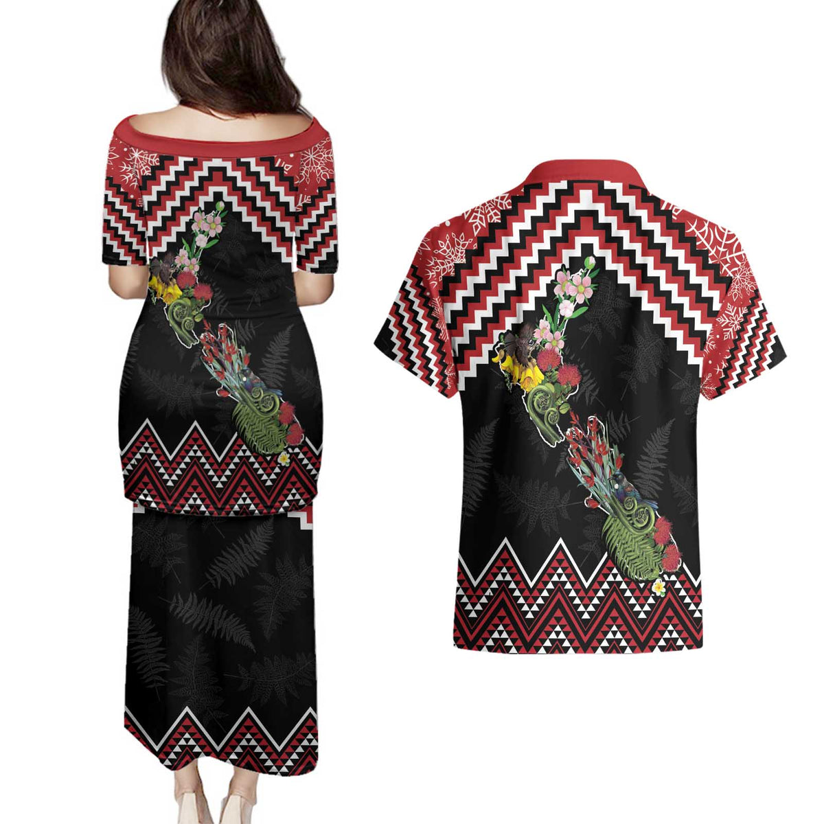New Zealand Christmas Taniko Poutama Couples Matching Puletasi and Hawaiian Shirt Flora Map with Birds - Polynesian Pride